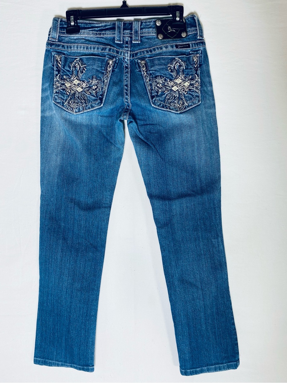 Miss Me Straight Leg Jeans Medium Wash Thick Stitch Fleur De Lis 27 Y2K